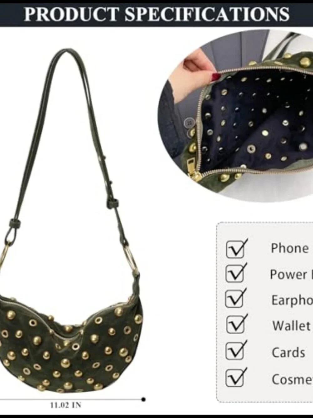 Studded Hobo Bag Faux Suede Adjustable Strap Messenger Purse